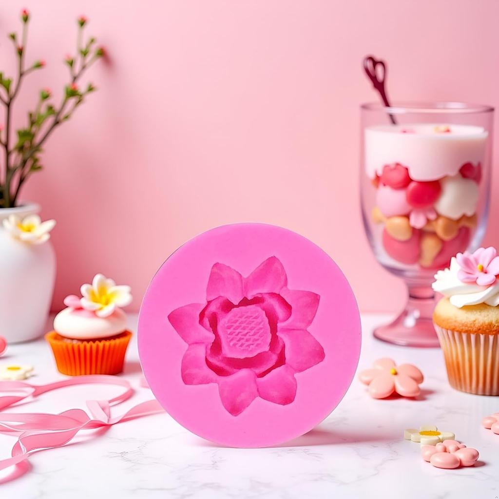 Pink 3D Flower Lotus Silicone Mold for DIY Cupcake Cake Topper Decoration Jelly Shots Fondant Mold Crystal Handmade Ice Cream Soap Mould Candy Making