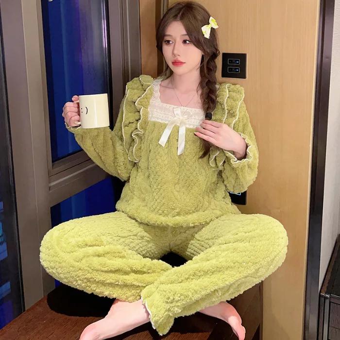 Теплая фланелевая пижама, коралловый флисовый пижамный комплект, корейская милая фланелевая домашняя одежда, свободный топ и брючный костюм