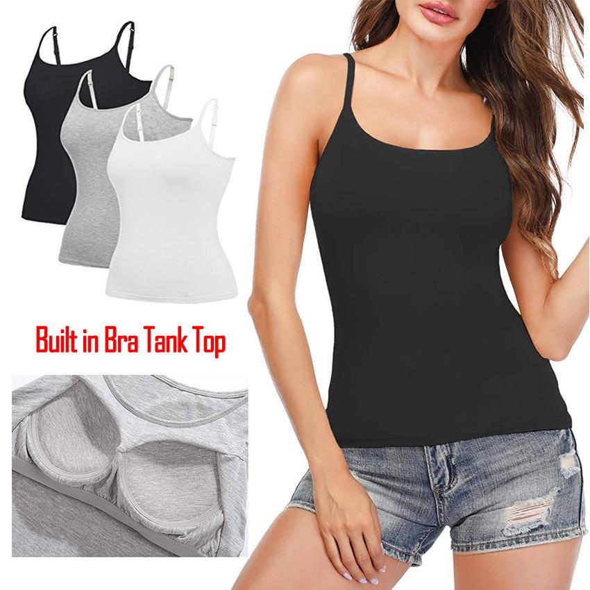 Summer Sleeveless Padded Shirt Women Camisoles Tops with Built In Bra Spaghetti Strap Basic Tank Top EMA