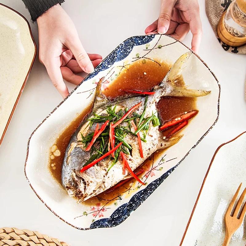 Керамическая тарелка в стиле ретро в китайском стиле, роскошная ресторанная большая рыбная тарелка, изысканные столовые тарелки ручной работы, бытовая посуда
