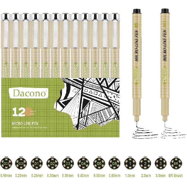 Micro Fineliner Drawing Art Pens, Black Art Pens for Drawing, 12 Size Waterproof Pen for Artists Sketching, Illustration, Watercolor, Calligraphy,