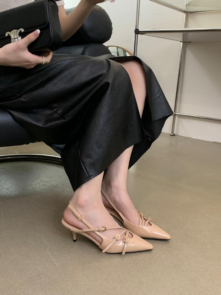 Новые баотоу лакированные однословные пряжки одиночные туфли тонкий каблук баотоу сандалии женские сексуальные черные шелковые остроносые высокие каблуки