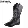 Мода Винтаж Толстый каблук Женские сапоги в стиле вестерн ковбойские модные туфли без застежек Осень Зима Вышивка Дамы Рыцарь сапоги