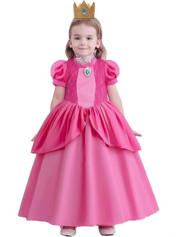 Super Mario Princess Peach Dress Girls Long Gown Cosplay Costume Party Outfit