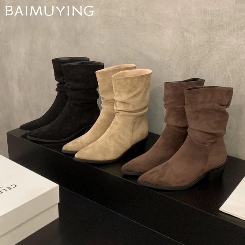 Зимние женские ботильоны на толстой подошве из замши с острым носком и складками на среднем каблуке 2025 года, классические готические туфли-лодочки Chelsea Botas De Mujer