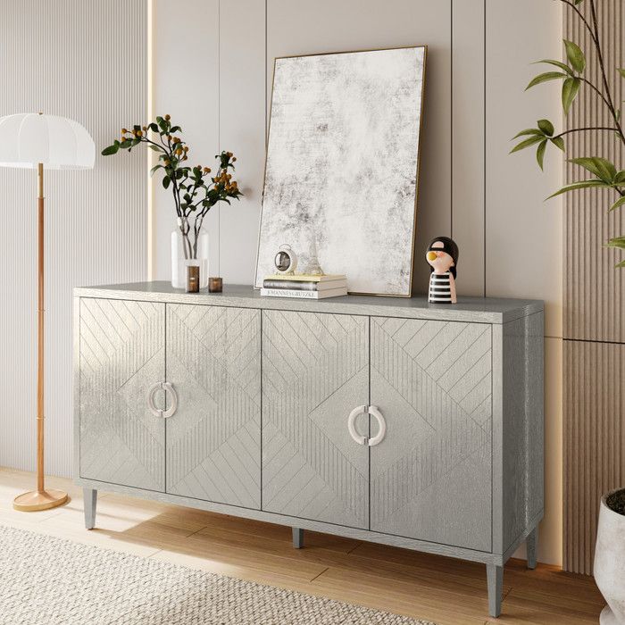 Armoire de rangement - MUVOE - 4 portes - MDF et pin - Couleur champagne - 152 cm de haut