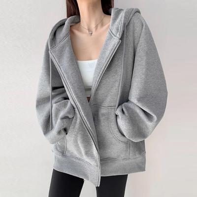 Осенние однотонные свободные толстовки с капюшоном на молнии, женские зимние толстовки с длинным рукавом, плюшевые толстовки, куртка для женщин, модная повседневная верхняя одежда больших размеров, пальто 25158