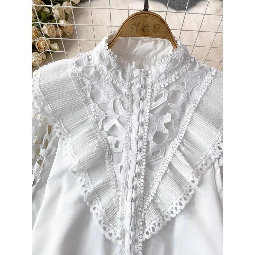 Винтажная блузка в стиле суда для женщин, с воланами, ажурные кружевные лоскутные рубашки с длинными рукавами-фонариками, женские блузки, Прямая поставка