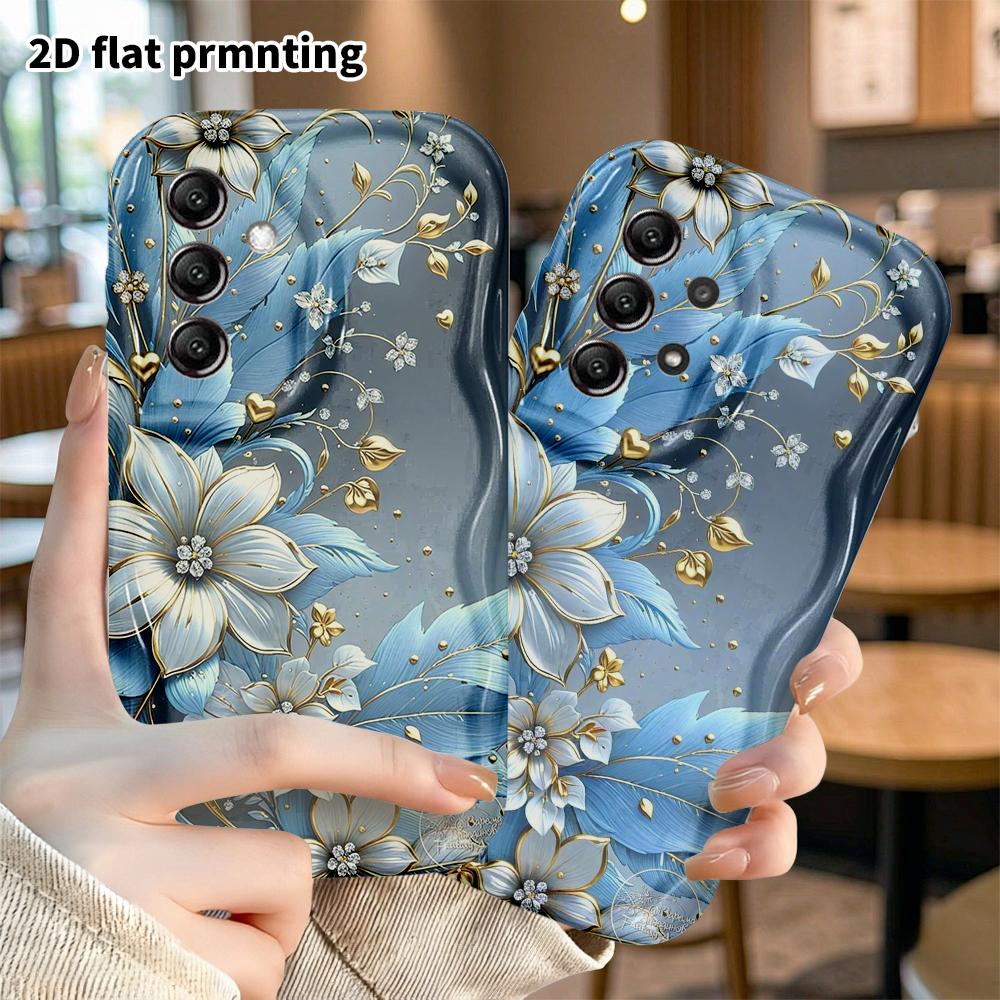 Phone Case: 2D Flat Samsung Galaxy A34 A35 M05 M06 S20 S22 S21 FE Plus 5G Cover, Blue and Gold Diamond Flower Design, Christmas and Halloween Gift