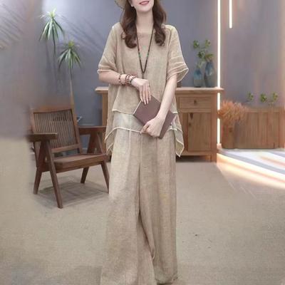 2 шт./комплект женский топ брюки комплект круглый вырез половина рукава неровный подол блузка широкие брюки эластичный пояс широкие брюки повседневный досуг свидание наряд