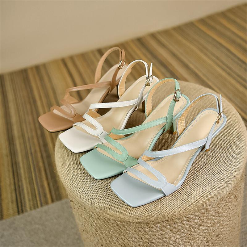 Fashion New Summer Sandals Genuine Leather Sandals Casual French Square Toe High Heels Sandals for Women Cowhide Sandal Zapatos De Mujer