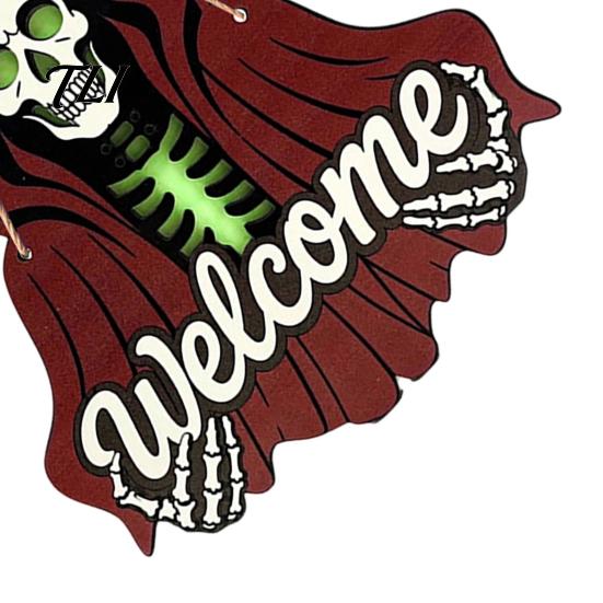 Spooky Party Favors Halloween Skeleton Welcome Sign, Wooden Grim Reaper Shaped Front Door Sign Hanger, Horror Wall Hanging Plaque for Home,