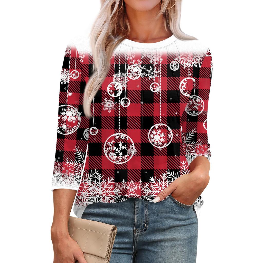 Женская модная футболка с круглым вырезом и рукавом 3/4 с принтом, повседневная, базовая, плиссированная, пуловер