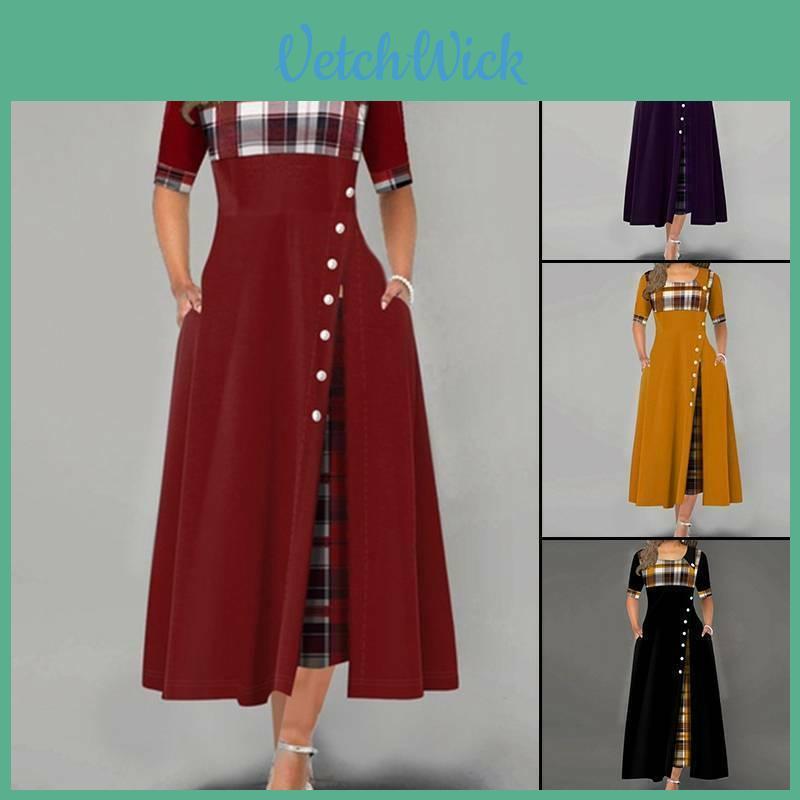 Women Irregular Casual Plaids Button Maxi Dress Half Sleeve Plus Dress Size