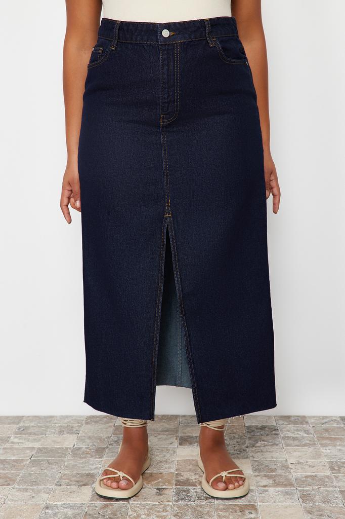 Женская модная темно-синяя джинсовая юбка макси большого размера с разрезом