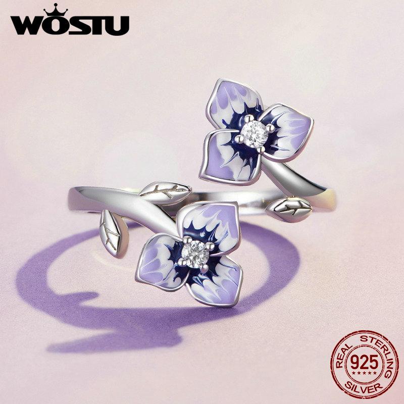 WOSTU 925 Stelring Silver Purple Pansy Flower Open Rings For Women Wedding Party Statement Stackable Butterfly Ring Holiday Gift2