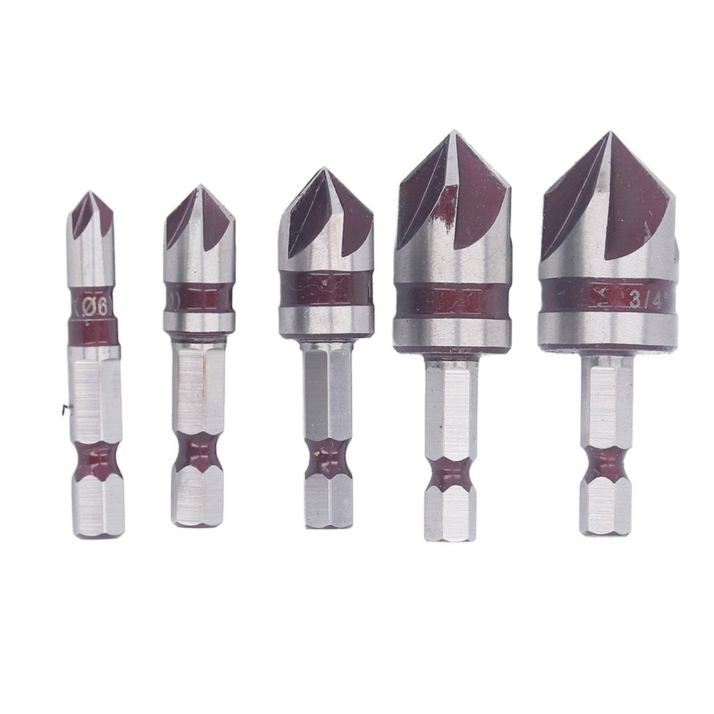 5PCS Countersink Drill Bits 82 Degree 5 Flute Hex Shank Drill Bit Set High Speed Steel Wood Punch