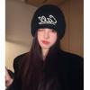 Letter embroidered knitted hat women's autumn and winter warm ear protection wool hat big head circumference showing face small versatile hat