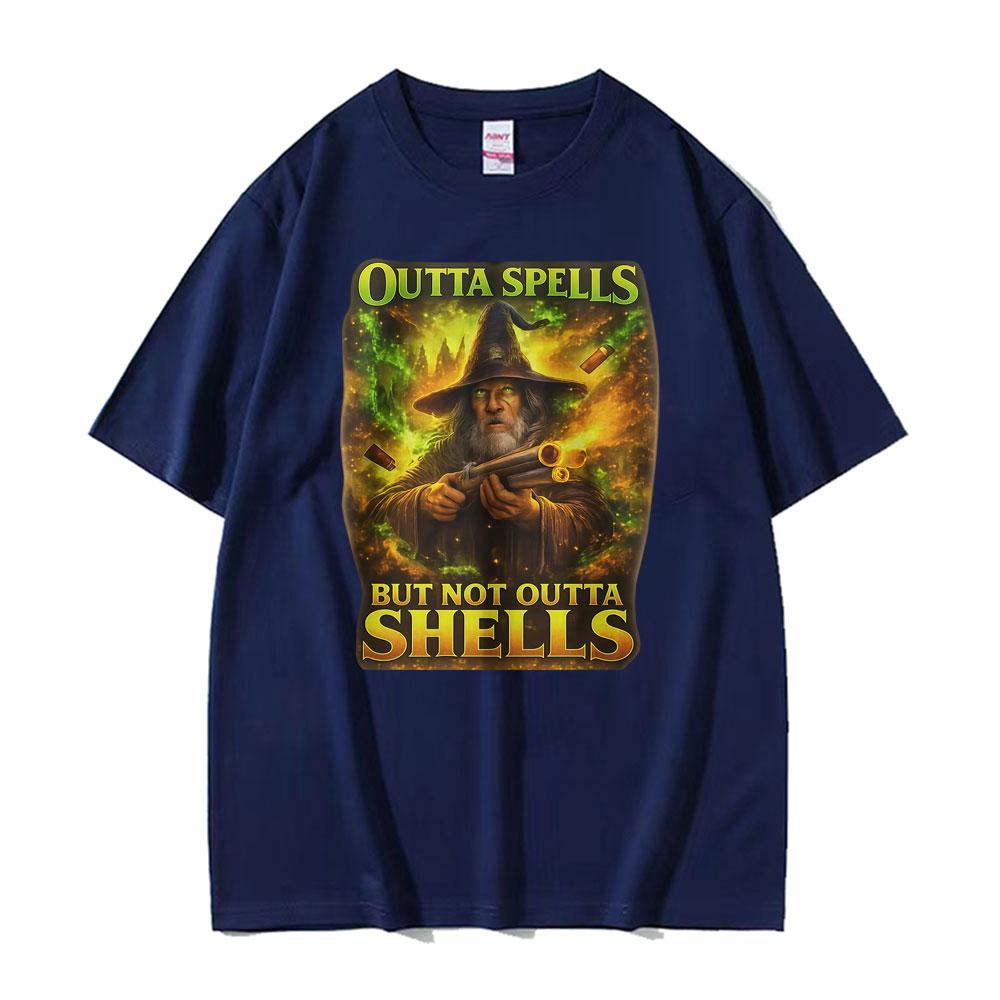 Outta Spells But Not Outta Shells Ironic Wizard T Shirt Funny Fantasy Meme T Shirts Men Women Fashion Summer 100 Cotton Tshirt