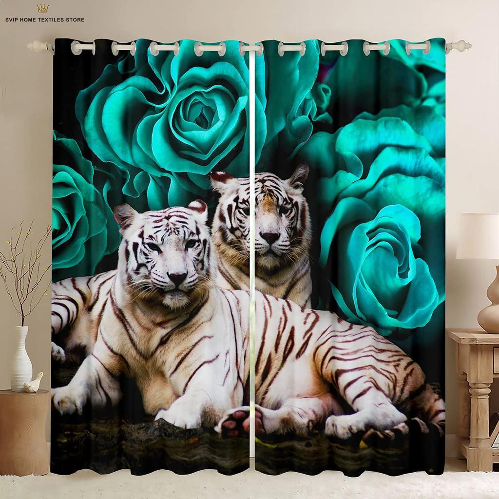 Занавеска с изображением розового цветка и тигра, напечатанная на 3D-принтере, занавеска в стиле ретро, украшение окна, карман для штанги, украшение для дома, 2 шт.