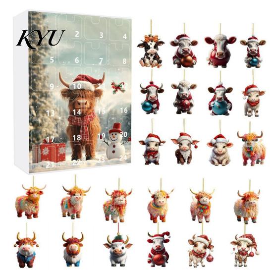 Holiday Countdown Box with Santa Hat Calves Christmas Advent Calendar, 24 Day Highland Cow Tree Decoration Ornaments Acrylic Pendants, Festive Hanging