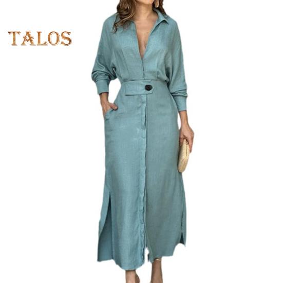 Осенне-весеннее женское платье с тонкой талией и длинными рукавами, однотонное платье с отворотом и v-образным вырезом, однотонное платье макси для свиданий