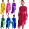 Girls Praise Dance Dress Long Sleeve Round Neck Design with Sparkling Sequins Color Block Asymmetrical Robe