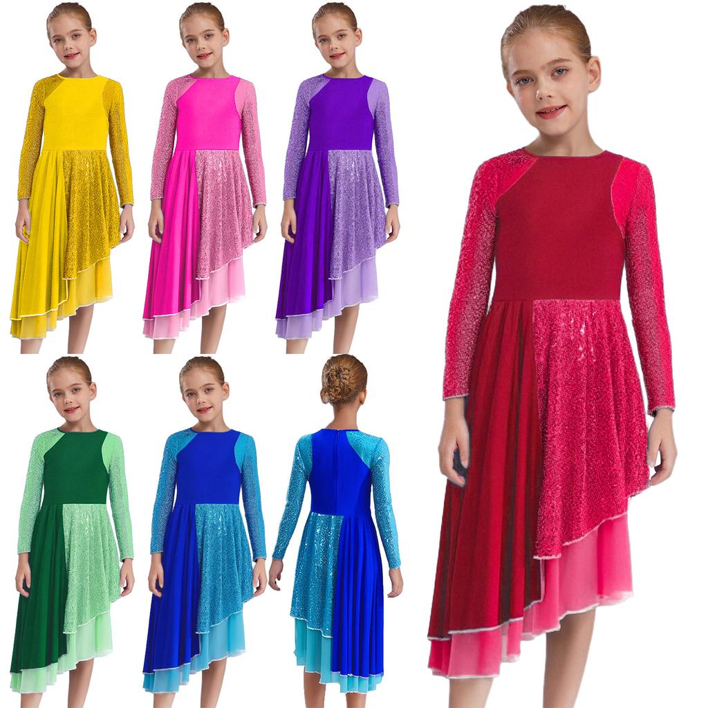 Girls Praise Dance Dress Long Sleeve Round Neck Design with Sparkling Sequins Color Block Asymmetrical Robe