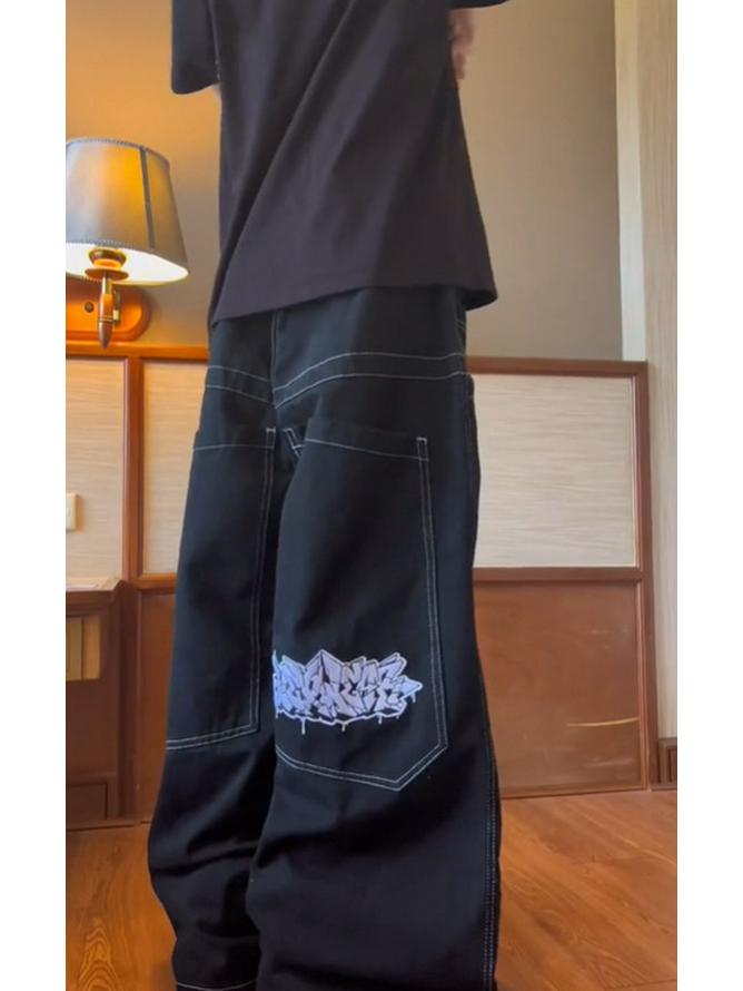 Вышитые мешковатые широкие джинсы Y2K в стиле хип-хоп для мужчин
