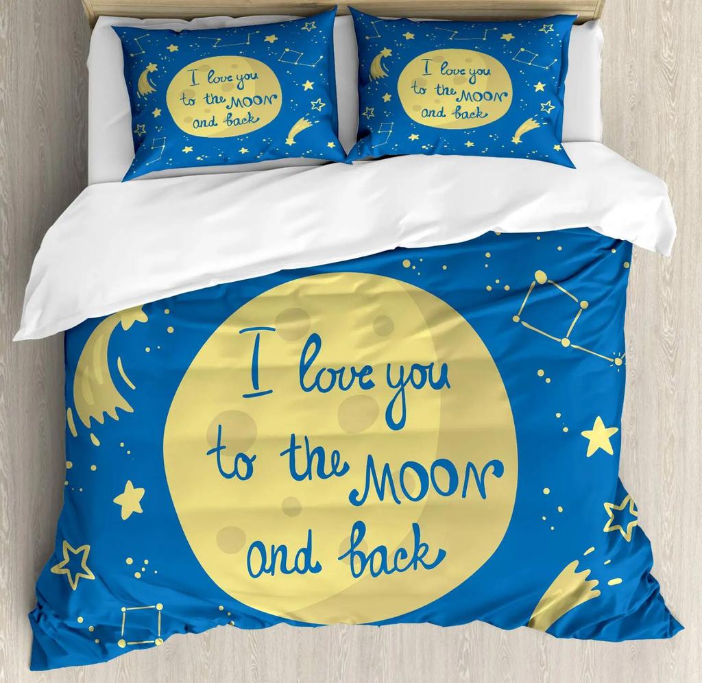 I Love You Duvet Cover Hand Drawn I Love You To The Moon and Back Words with Stars Celebration King Size Polyester Bedding Set