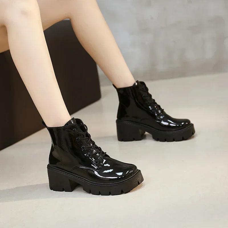 Модная женская обувь 2024 Высококачественные женские ботинки на шнуровке Осень Зима Круглый носок Однотонные Короткие голенища Массивные каблуки Модные ботинки