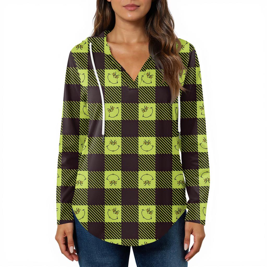 Женские модные худи с V-образным вырезом, длинным рукавом, рождественским принтом, кулиской, повседневные, свободные, пуловерные топы