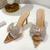 Liyke Size 35 -41 Sexy Pointed Toe Mule High Heels Stripper Slipper Crystal Bowknot Pvc Transparent Shoes For Women Gold Sandals