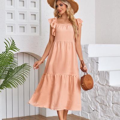 Модное женское платье с развевающимися рукавами и рюшами, новые летние свободные элегантные повседневные платья с квадратным вырезом, женские трапециевидные однотонные вечерние женские платья 1074