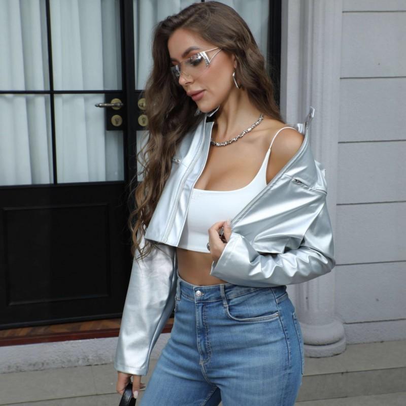 Womens Metallic PU Leather Biker Jacket Short Zip-Up Stand Collar Streetwear