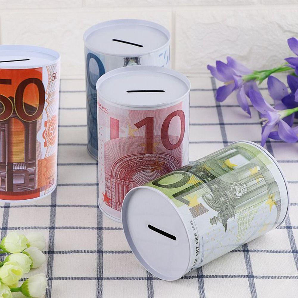 Cylinder Tinplate Durable Euro Decorative Money Box Coins Deposit Boxes Storage Box Money Bank