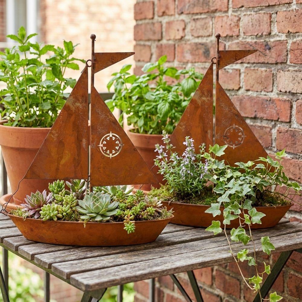 Vintage Nautical Sailboat Flower Pot Rustic Metal Succulent Pots Potted Planter Desk Decor