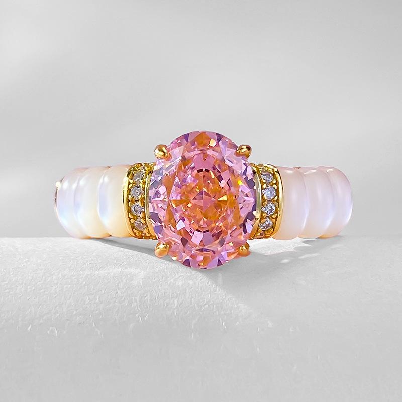 Luo Xi Temple 2024 Ice Flower Cut Ring: S925 Sterling Silver, White Mother-of-Pearl, Padparadscha, High Carbon Diamond, 7x9mm.