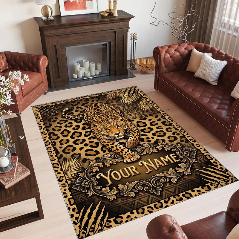 Leopard Theme Crystal Velvet Floor Rug Personalized Custom Name Text Warm Carpet Home Decoration