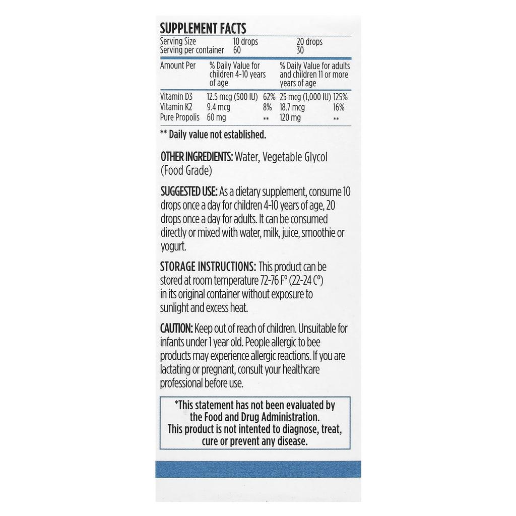Bee & You, Propolis Water Soluble, Vitamin D3 ,+K2, 30Ml(1Fl Oz)