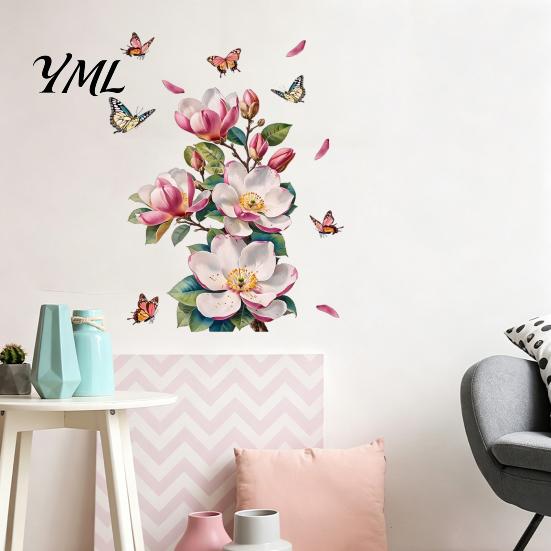 Peel And Stick Flower Decals Magnolia Butterfly Wall Decal, Self Adhesive Waterproof Home Decor Sticker for Floral Bedroom Living Room Bedroom,
