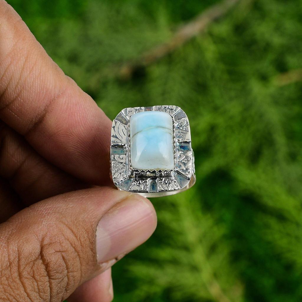925 Silver Natural Larimar Anniversary Multi Stone Throat Chakra Bezel Wife Ring