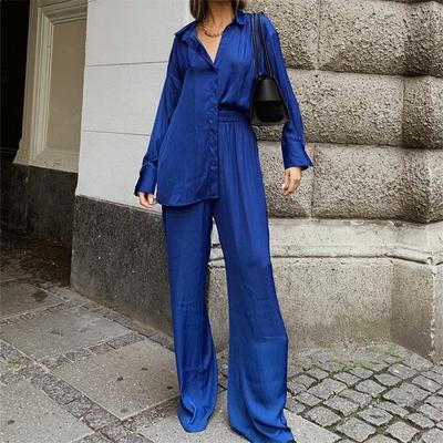 Модные комплекты из двух предметов с брюками 2022, весенние женские длинные рубашки с лацканами и широкие брюки, костюмы, повседневные свободные однотонные одинаковые комплекты