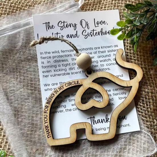 Friendship Elephant Ornament Wooden Hanging Elephant Decoration with Story Card Elephant Pendant