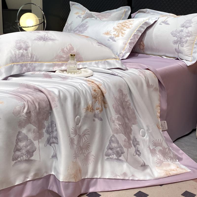Summer Cool Tencel Quilt Set 4 Piece Includes Summer Blanket Bed Sheet Two Pillowcases Silk Lightweight Quilt For Double Twin Size