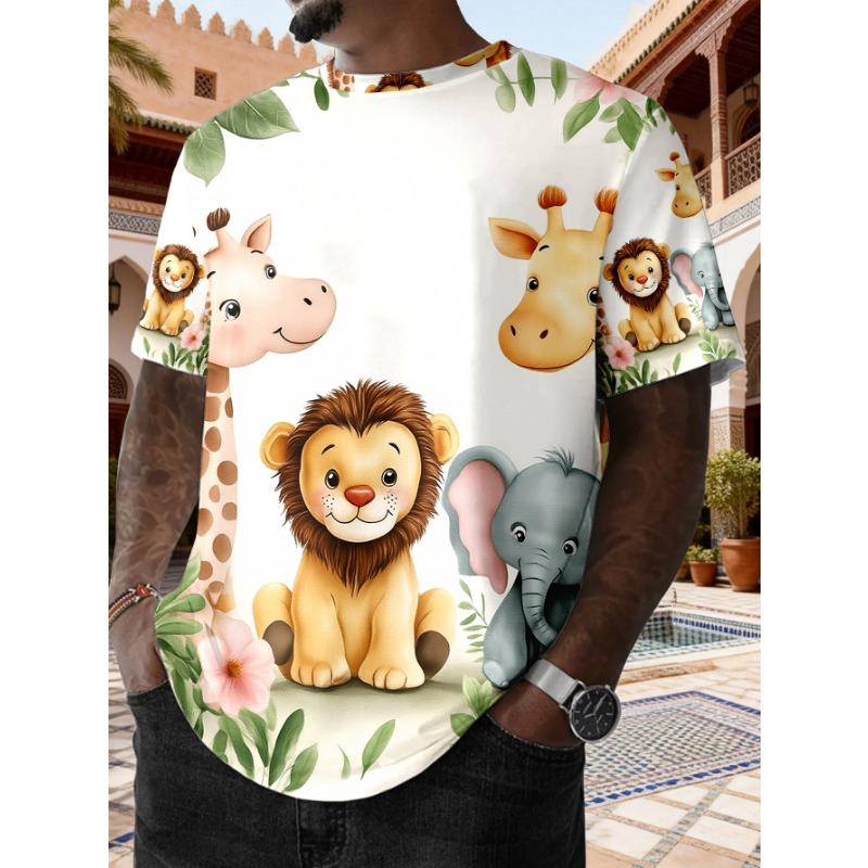 Men's Cute Cartoon Animal 3D Printed T-Shirt Casual Short Sleeve Crewneck Top Lovely Lion Giraffe Elephant Graphic Tee Kawaii Harajuku Style Apparel