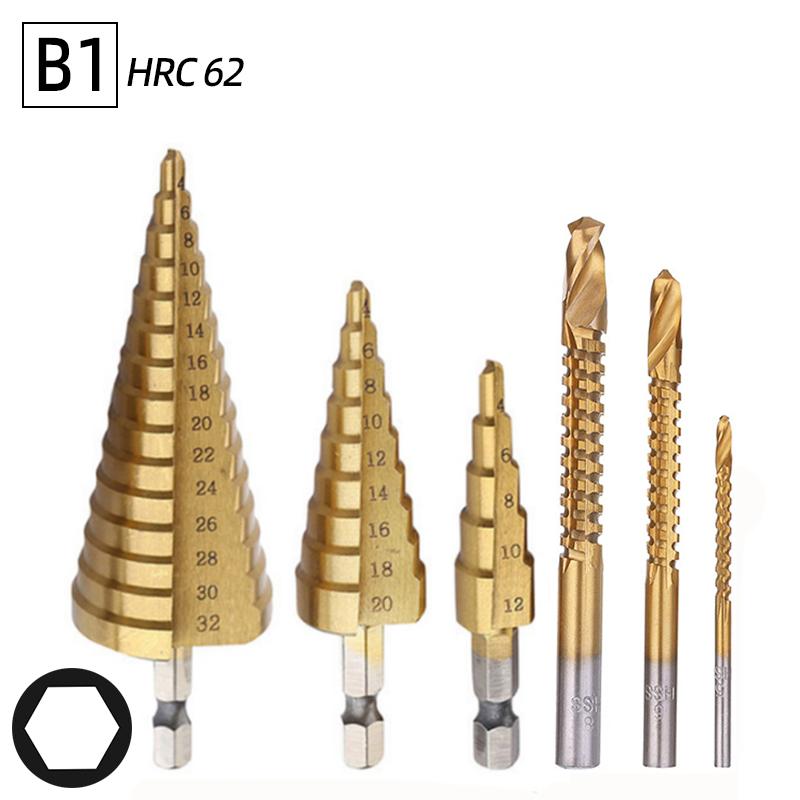 6Pcs HSS Steel Titanium Step Drill Bit Set 4-12/20/32mm Metal Hole Cutter Wood Cone Core Drilling Hole Saw Tool+3,6,8 Saw Drill