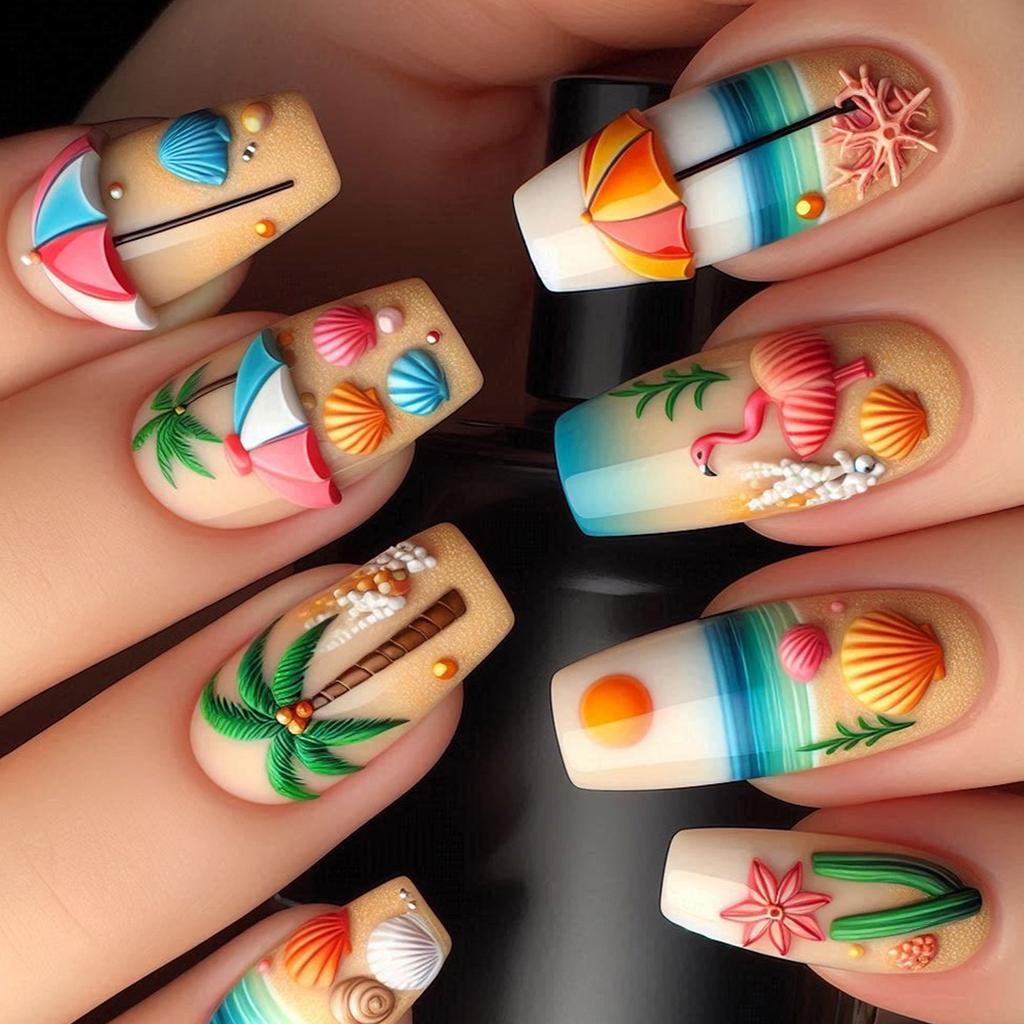 24 Pieces 3D Beach Press On Nail Medium Ballet Summer False Nail French Nail Art Tips Stick On Acrylic Nail for Women