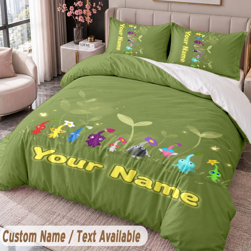 Custom Name Text 3Pcs Bedding Set Pikmin Duvet Cover And Two Pillowcases