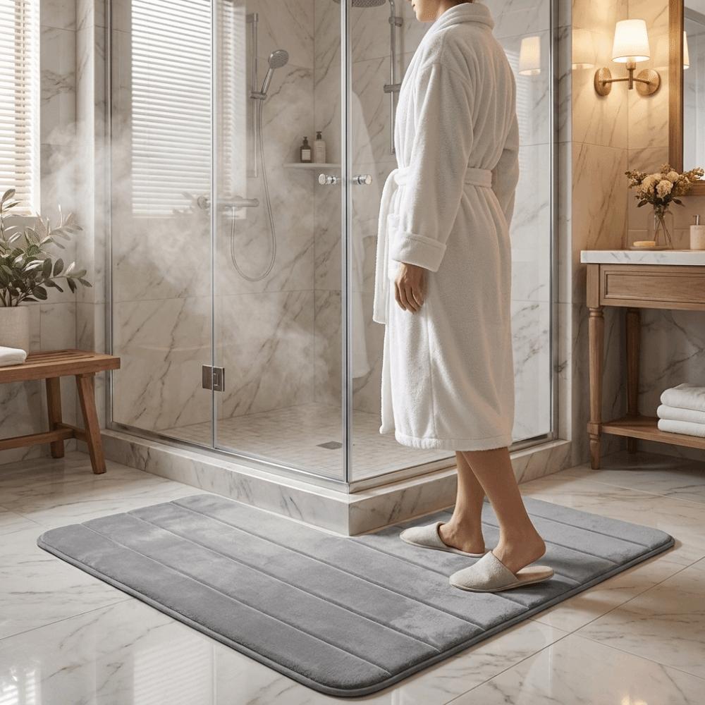 Striped L-Shaped Bathroom Floor Mat Coral Velvet Non-Slip Doormat Absorbent Foot Mat Shower Room